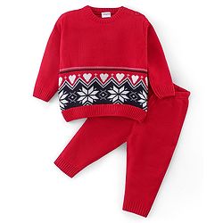 Babyhug Knit Full Sleeves Sweater Set with Flower Design - Red