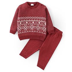 Babyhug Full Sleeves Sweater Set With Ikat Print - Red