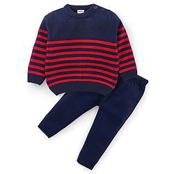 Babyhug Full Sleeves Striped Baby Sweater Set - Red & Navy