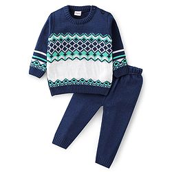 Babyhug Full Sleeves Sweater Set with Chevron Design - Navy Blue