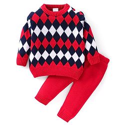 Babyhug Knit Full Sleeves Argyle Baby Sweater Set - Multicolor