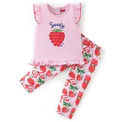 Babyhug 100% Cotton Sleeveless Top & Leggings Set Strawberry Print- Pink