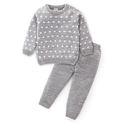 Babyhug Knitted Full Sleeves Polka Dots Design Sweater Set - Grey