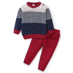 Babyhug Knitted Full Sleeves Checks & Design Sweater Set - Multicolour