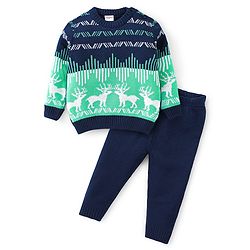 Babyhug Knitted Full Sleeves Sweater Set with Reindeer Design - Navy Blue & Green