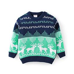Babyhug Knitted Full Sleeves Sweater Set with Reindeer Design - Navy Blue & Green