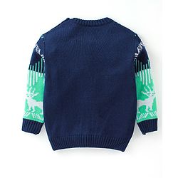 Babyhug Knitted Full Sleeves Sweater Set with Reindeer Design - Navy Blue & Green