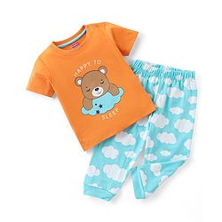 Babyhug Cotton Half Sleeves Night Suit Bear & Cloud Print- Orange & Blue