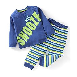 Babyhug Cotton Full Sleeves Night Suit Stripes & Text Print - Blue & Yellow
