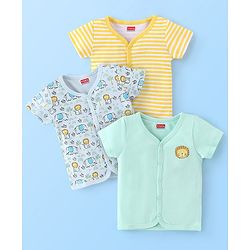 Babyhug 100% Cotton Knit Half Sleeves Front Open Vest Stripes & Jungle Print Pack of 3 - Yellow & Blue