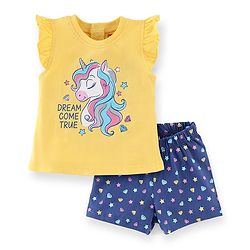 Babyhug Cotton Knit Half Sleeves Night Unicorn Print - Yellow