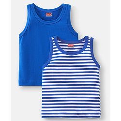 Babyhug 100% Cotton Knit Sleeveless Solid & Striped Sando Pack of 2 - Blue