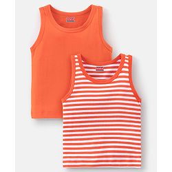 Babyhug 100% Cotton Knit Sleeveless Solid & Striped Sando Pack of 2 - Orange