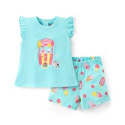 Babyhug Single Jersey Half Sleeves Night Suit Kitty Print - Blue