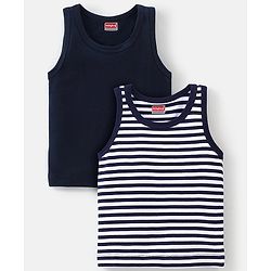 Babyhug 100% Cotton Knit Sleeveless Solid & Striped Sando Pack of 2 - Navy Blue