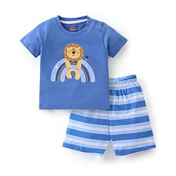 Babyhug Cotton Half Sleeves Night Suit Lion & Stripes Print- Blue