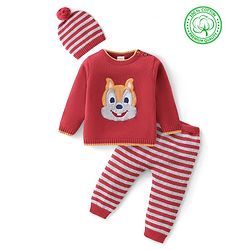 Babyhug Organic Cotton Knit Full Sleeves Baby Sweater Set with Cap & Chipmunk Applique - Red