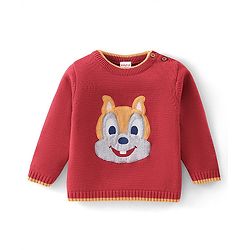Babyhug Organic Cotton Knit Full Sleeves Baby Sweater Set with Cap & Chipmunk Applique - Red