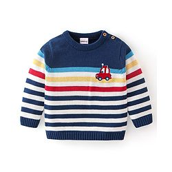 Babyhug Organic Full Sleeves Baby Sweater Set Striped with Cap - Navy Blue