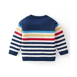 Babyhug Organic Full Sleeves Baby Sweater Set Striped with Cap - Navy Blue