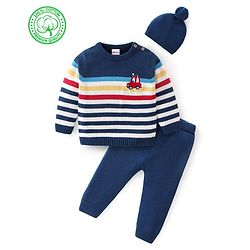 Babyhug Organic Full Sleeves Baby Sweater Set Striped with Cap - Navy Blue