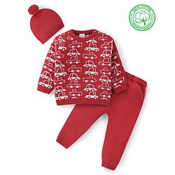 Babyhug Organic Cotton Full Sleeves Car Design Sweater Set with Cap - Red