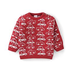 Babyhug Organic Cotton Full Sleeves Car Design Sweater Set with Cap - Red