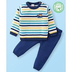 Babyhug Organic Cotton Knit Full Sleeves Striped Sweater & Pajama Set With Cap Ship Embroidery - Multicolour