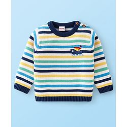 Babyhug Organic Cotton Knit Full Sleeves Striped Sweater & Pajama Set With Cap Ship Embroidery - Multicolour