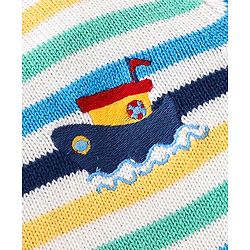Babyhug Organic Cotton Knit Full Sleeves Striped Sweater & Pajama Set With Cap Ship Embroidery - Multicolour
