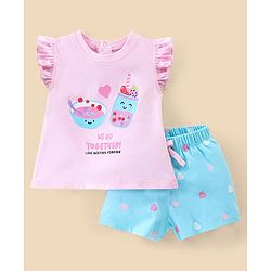 Babyhug Cotton Knit Frill Sleeves Night Suit with Smoothie Print - Pink & Sea Green