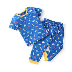 Babyhug Cotton Knit Half Sleeves Car Printed Night Suit - Blue