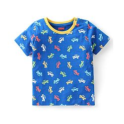 Babyhug Cotton Knit Half Sleeves Car Printed Night Suit - Blue