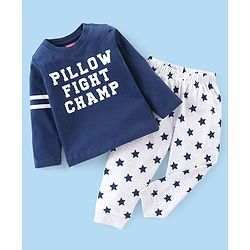 Babyhug Cotton Knit Full Sleeves Night Suit with Text & Stars Print - Blue & Light Grey