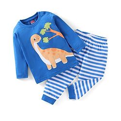 Babyhug Cotton Knit Full Sleeves Night Suit Stripes & Dino Print - Blue