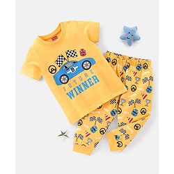 Babyhug Cotton Knit Half Sleeves Night Suit Car Print - Yellow