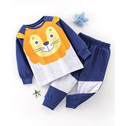 Babyhug Cotton Knit Full Sleeves Night Suit with Animal Print - Blue