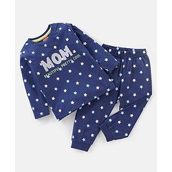 Babyhug Cotton Knit Full Sleeves Night Suit Text & Star Print - Blue
