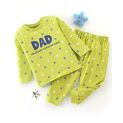 Babyhug Cotton Knit Full Sleeves Night Suit With Text & Stars Print - Green