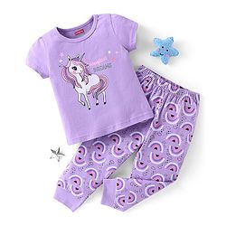 Babyhug Cotton Knit Half Sleeves Night Suit with Unicorn Print - Lavender
