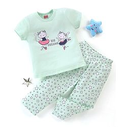 Babyhug Cotton Knit Half Sleeves Night Suit Sweet Kitty Print - Blue