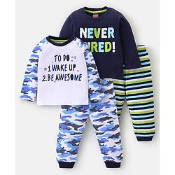 Babyhug Cotton Full Sleeves Night Suit Camouflage & Striped Print Pack of 2- Lavender & Green