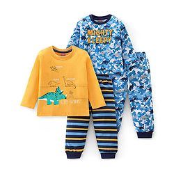 Babyhug Cotton Knit Full Sleeves Camouflage & Dino Printed Night Suits Pack of 2 - Blue & Yellow