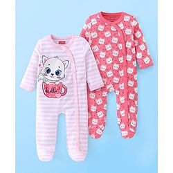 Babyhug Cotton Knit Full Sleeves Footed Sleepsuit Kitty Print Pack of 2 - Red & Pink