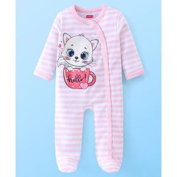 Babyhug Cotton Knit Full Sleeves Footed Sleepsuit Kitty Print Pack of 2 - Red & Pink