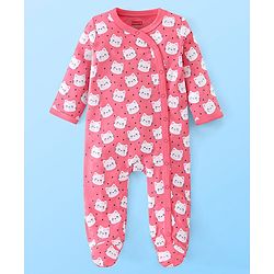 Babyhug Cotton Knit Full Sleeves Footed Sleepsuit Kitty Print Pack of 2 - Red & Pink