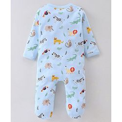 Babyhug Cotton Knit Full Sleeves Sleep Suit With Animal Print - Blue