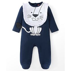 Babyhug Cotton Knit Full Sleeves Footed Sleepsuit Lion Applique - Blue & White