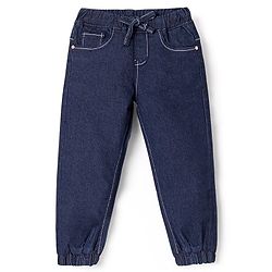 Babyhug Cotton Spandex Full Length Solid Color Stretchable Washed Denim Joggers - Dark Blue