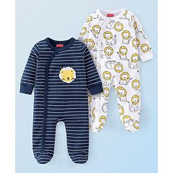 Babyhug Cotton Knit Full Sleeves Striped Footed Sleepsuit with Lion Print Pack of 2 - Blue Yellow & White